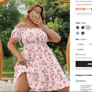 SHEIN Plus Floral Print Off Shoulder Shirred Ruffle Hem Dress Size 12